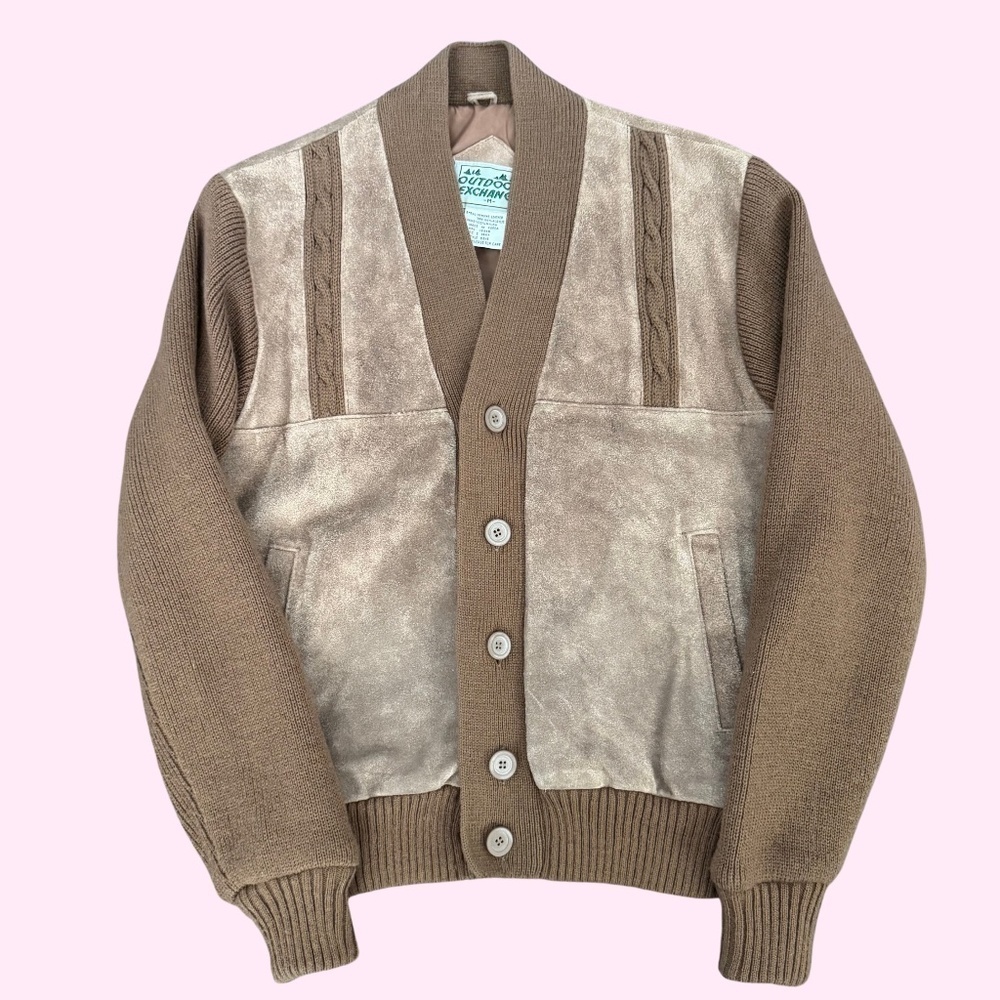 1980s Outdoor Exchange Genuine Suede and Cable Knit Cardigan Size M